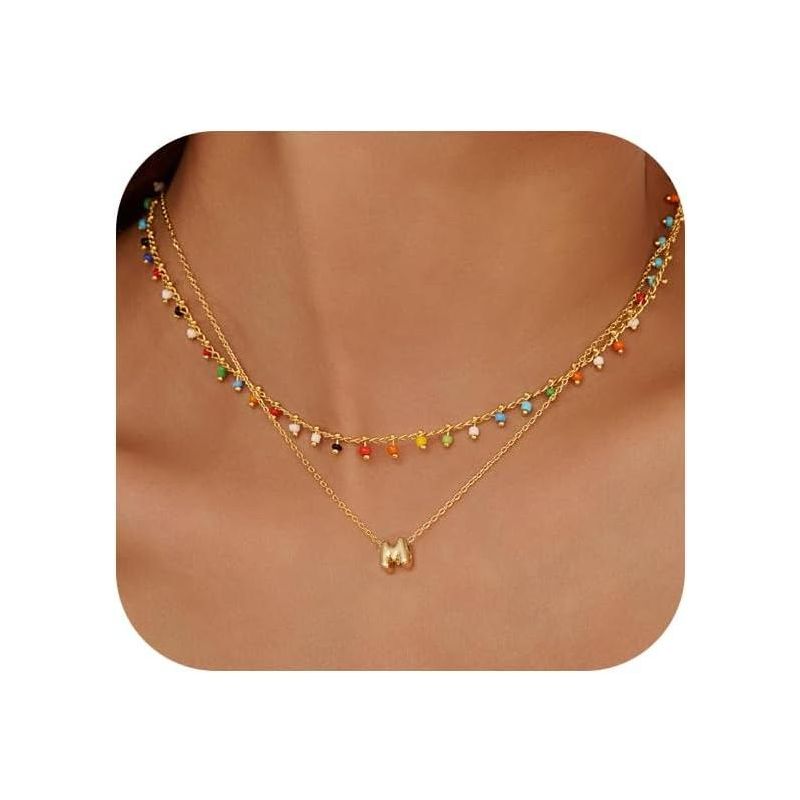 Colorful Bead Layered Initial Necklace for Women - Dainty Letter Choker, Personalized Beach Jewelry Gift