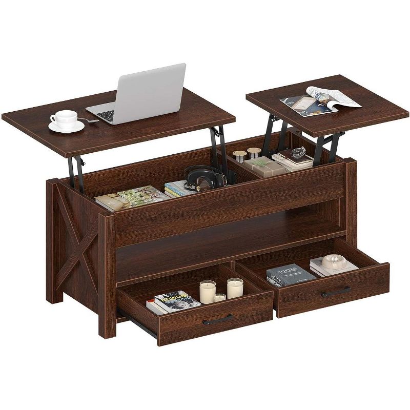 Split Lift Top Coffee Table with 2 Drawers, Dual Rising Tops & Hidden Storage, 47 Inch Modern Farmhouse Coffee Table, Espresso