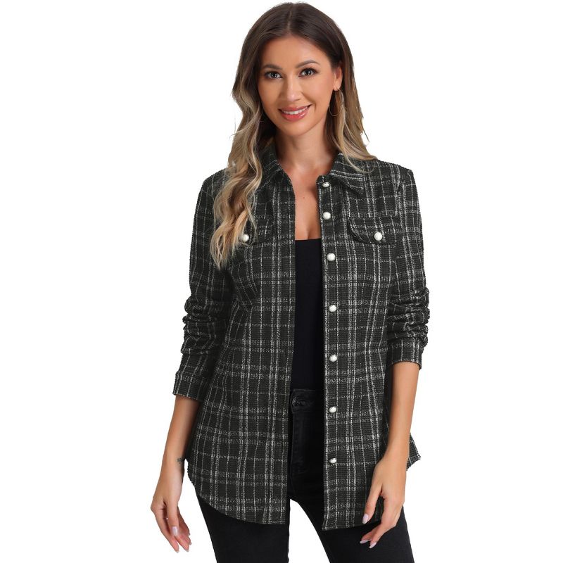 Allegra K Women's Button Down Plaid Faux Pockets Tweed Shackets Jackets Black X-Large