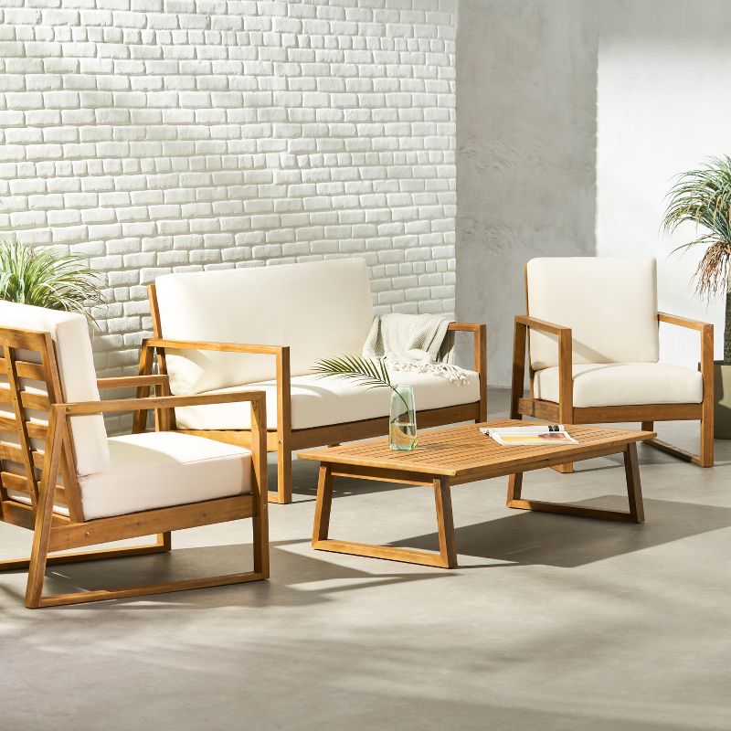 Christopher Knight Home Bringier Outdoor Acacia Wood 4 Seater Chat Set with Water Resistant Cushions, Beige/Teak