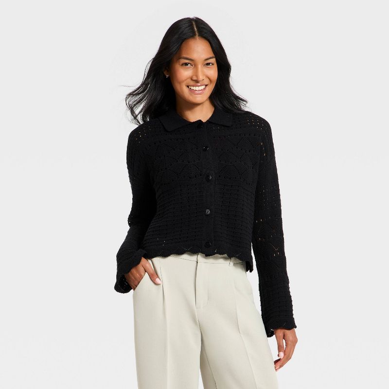 Women's Collared Crochet Cardigan - A New Day™ Black M