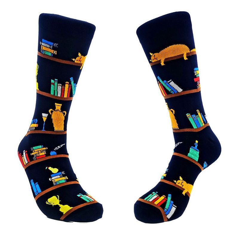 Cat Resting on a Bookshelf Socks (Men's Sizes, Adult Large) from the Sock Panda