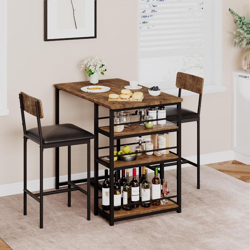 Acekool Dining Table Set for 2, Kitchen Bar Table with 2 Upholstered Stools & 3 Storage Shelves, Small Space, Brown