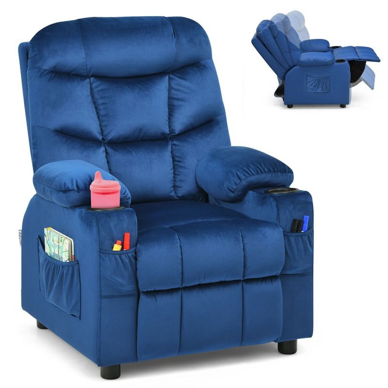 Costway Kids Youth Recliner Chair Velvet Fabric w/Cup Holder & Side Pocket Blue
