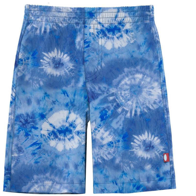 City Threads USA-Made Boys Recycled Polyester UPF 50+ Soft Stretch Below-the-Knee Printed Swim Board Shorts | Tie-Dye Blue & White Flowers - 20Y