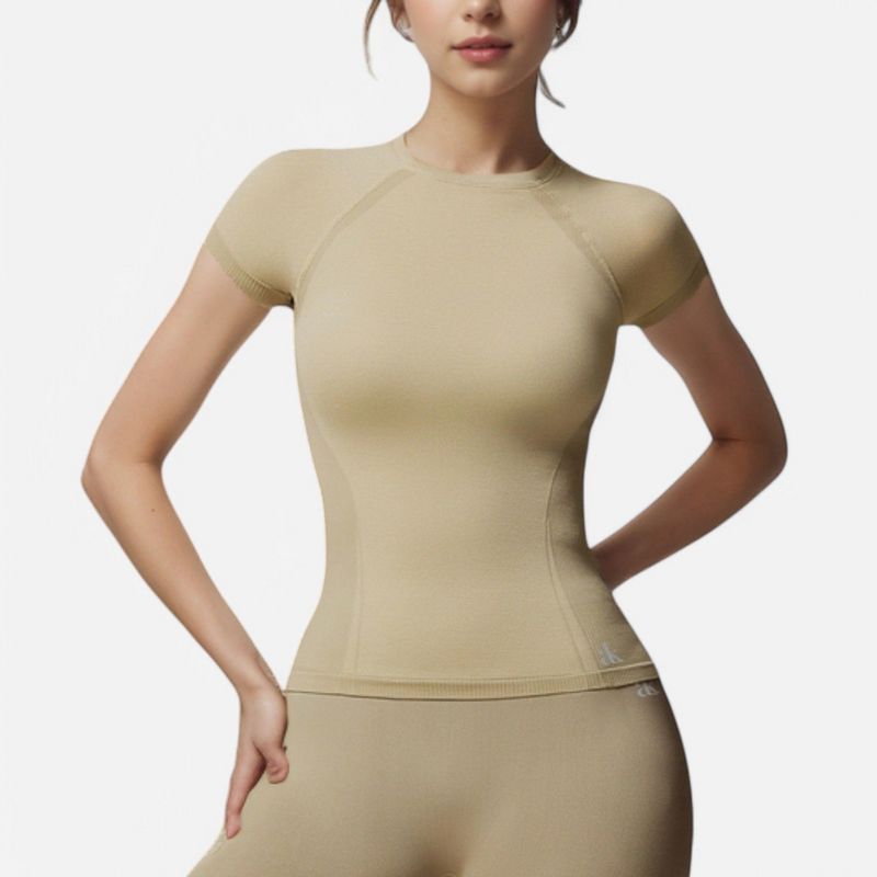 Anna-Kaci Active Women's Short Sleeve Seamless Fitted Tee with Crew Neck and Stretch Fabric - X Large, Light Beige