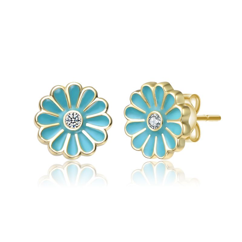Guili Kids 14k Gold Plated Clear Cubic Zirconia & Blue Enamel Flower Stud Earrings, Charming Floral Design for Everyday Wear and Special Occasions