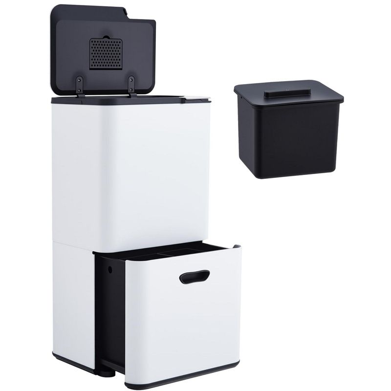 Trash Can, Recycling Bin – 16 Gallon Dual Compartment Stainless Steel Kitchen Garbage Bin with Removable Buckets Odor Control Pull-Out Wheels