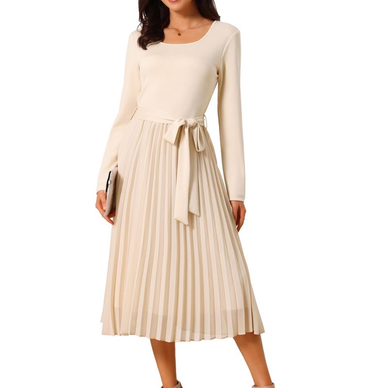 INSPIRE CHIC Women's Flowy Long Sleeve Crew Belted Pleated Casual A Line Midi Dresses Apricot X-Large