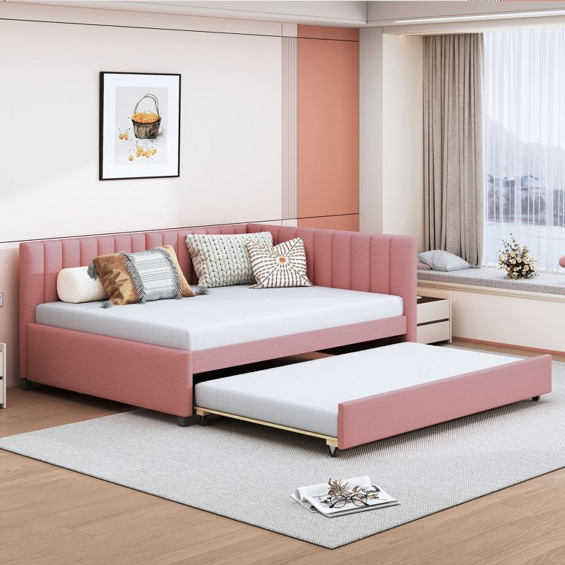 Sapphtopaz Daybed Full Size Bed Frame with Trundle Linen Fabric Sofa Bed Bedroom Furniture, Easy Assembly, No Box Spring Needed, Pink