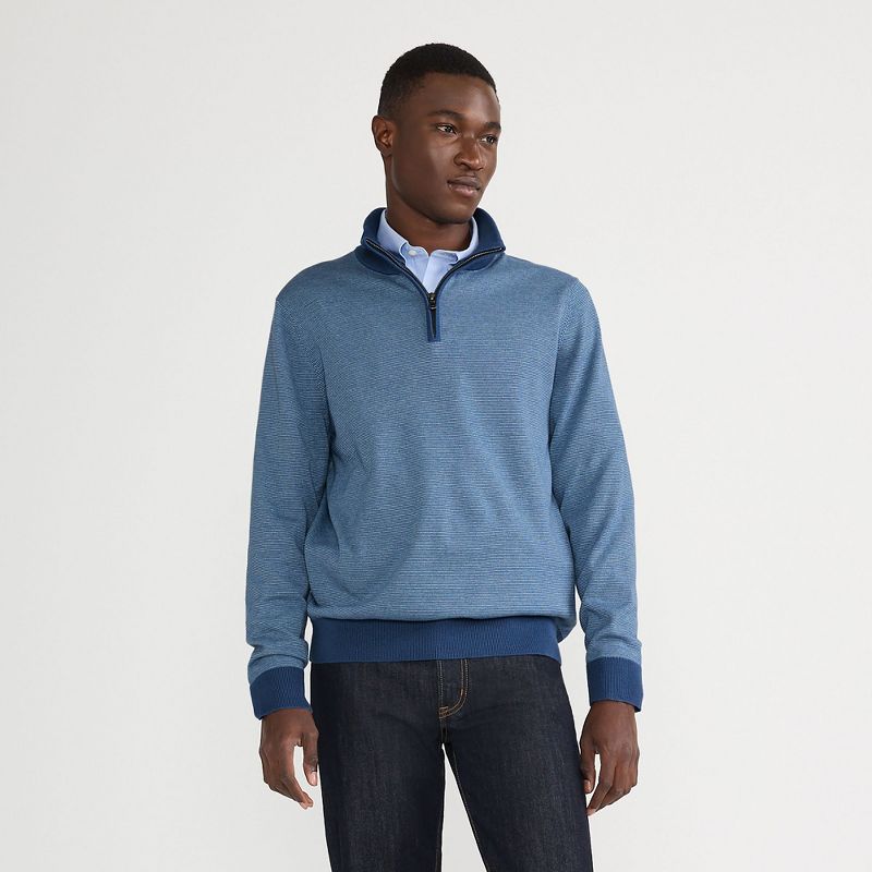 Lands' End Men's Long Sleeve Fine Gauge Cotton Quarter Zip Sweater - X Large - Light Indigo Blue Stripe