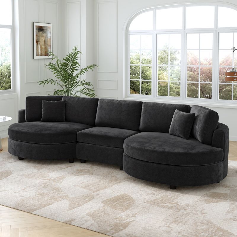 3-Seater Sofa, Chenille Upholstered Curved Sofa Couch with 2 Throw Pillows for Living Room, Black - ModernLuxe