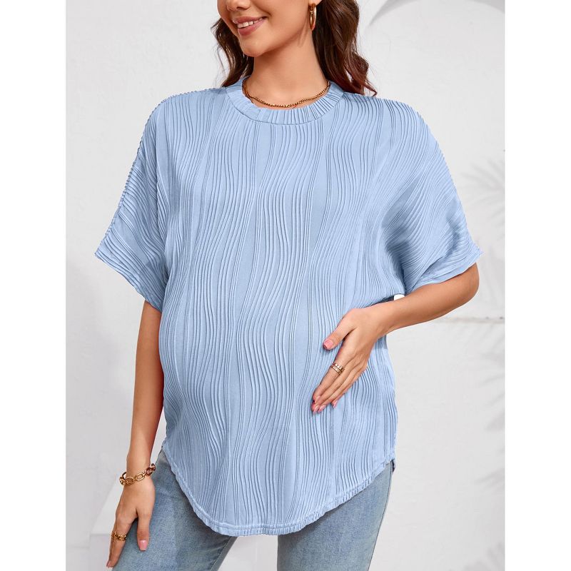 Garvee Womens Maternity Shirts Summer Ribbed knit Short Sleeve Casual Pregnancy Clothes Crewneck Loose Maternity Tops LightBlue X-Large