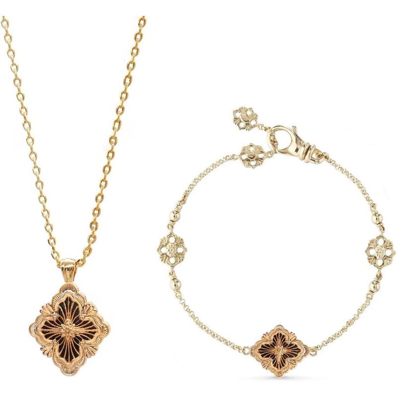 SmallRig Gold Clover Necklace for Women, 18K Gold Plated Double-Sided Pendant with Natural Stone Inlay Jewelry Gift Black Necklace and Bracelet Set