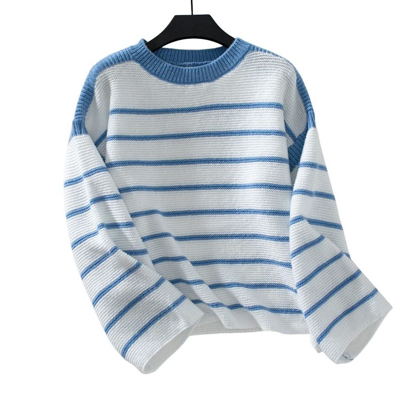 Coolmee Women Striped Knit Sweaters 2025 Oversized Fall Winter Color Block Long Sleeve Loose Pullover Tops Blue S