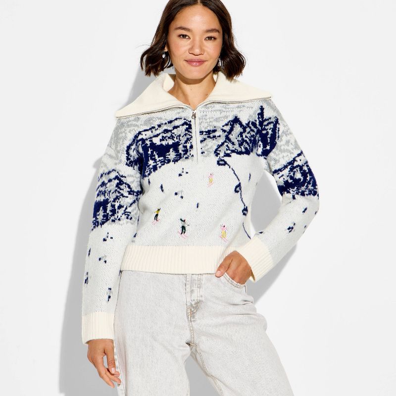 Women's Polo Collar Quarter Zip Novelty Pullover Sweater - Wild Fable™ Off-White Landscape M