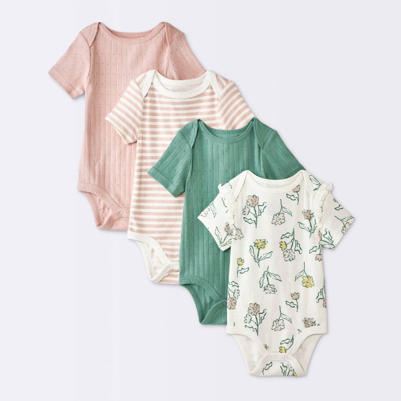 Baby Girls' 4pk Floral Short Sleeve Pointelle Bodysuit - Cloud Island™ Cream 0-3M
