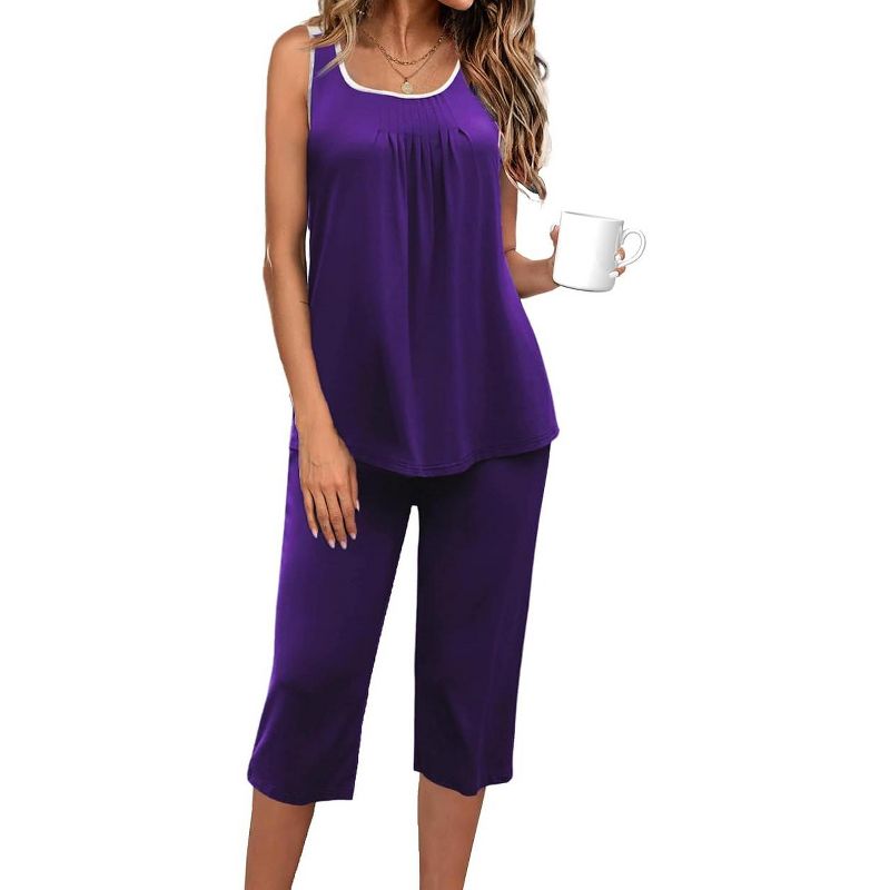 Ekouaer Capri Pajama Sets for Women 2 Piece Soft Cute Pjs Round Neck Sleeveless Lounge Set for Summer Sleepwear Purple S