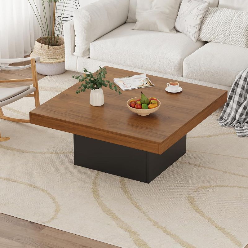 Farmhouse Wood Square Coffee Table, 35 Inch Small Table with Leg Lights for Parlor, Home Office, Apartment, Reading Room, Living Room, Grey