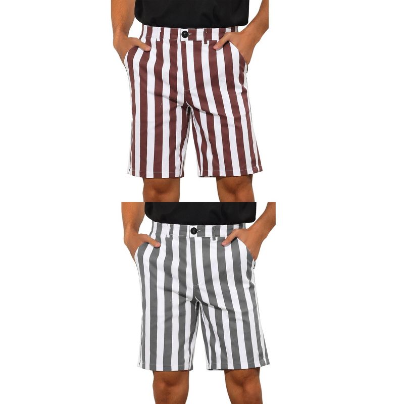 Lars Amadeus Men's Flat Front Summer Chino Striped Dress Shorts 2 Packs Burgundy/Gray 32