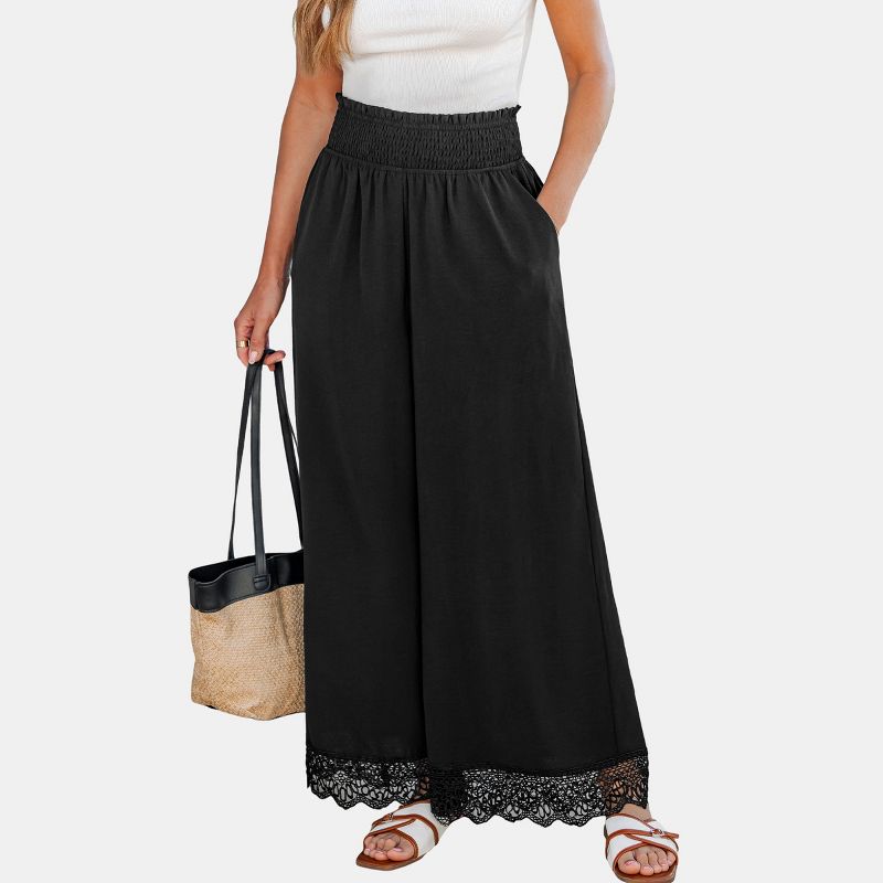 Women's Elegant Black Wide Leg Pants with Lace Trim - Cupshe-L-Black