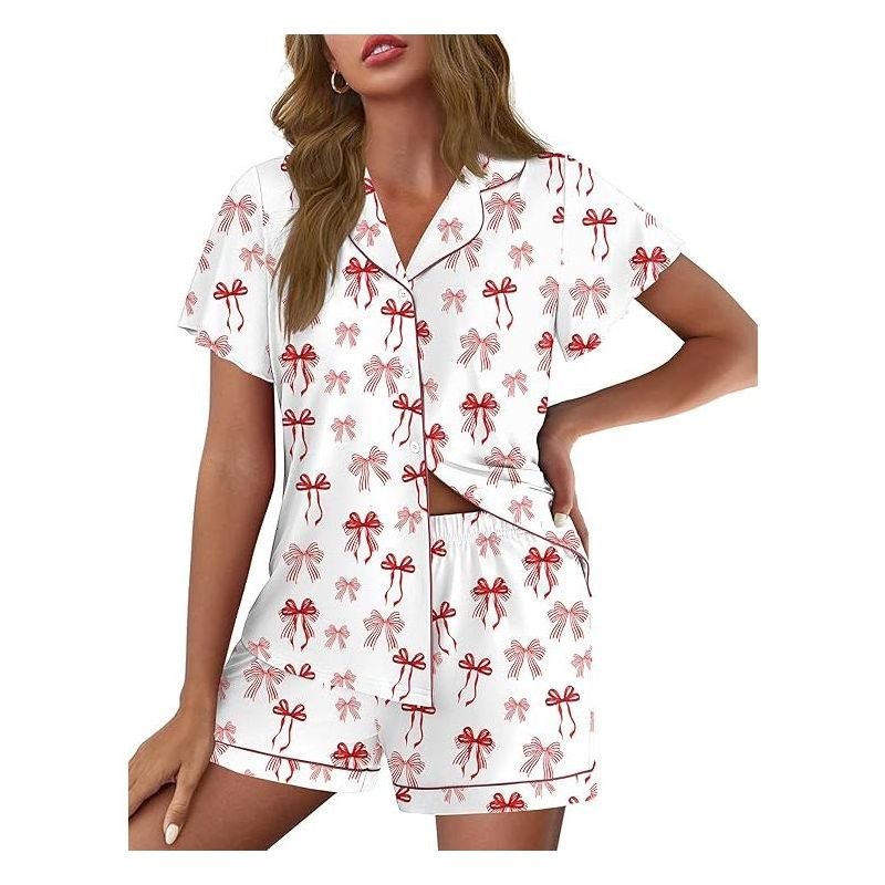 Ekouaer Pajamas for Women Set Button Up Pjs Short Sleeve Ruffle Sleepwear Notch Collar Bride Soft Pj Lounge Sets Red Bow Tie XL