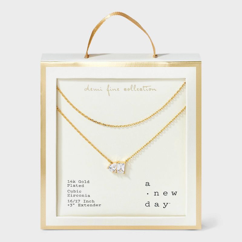 14K Gold Plated Cubic Zirconia Cluster Multi-Strand Necklace - A New Day™ - Gold: Brass, Lobster Claw Clasp, 17" Length