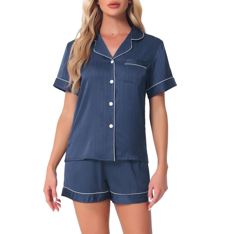 cheibear Women's Silky Satin Loungewear Button Down Shirt with Shorts Sleepwear Pajama Sets Large Dark Blue