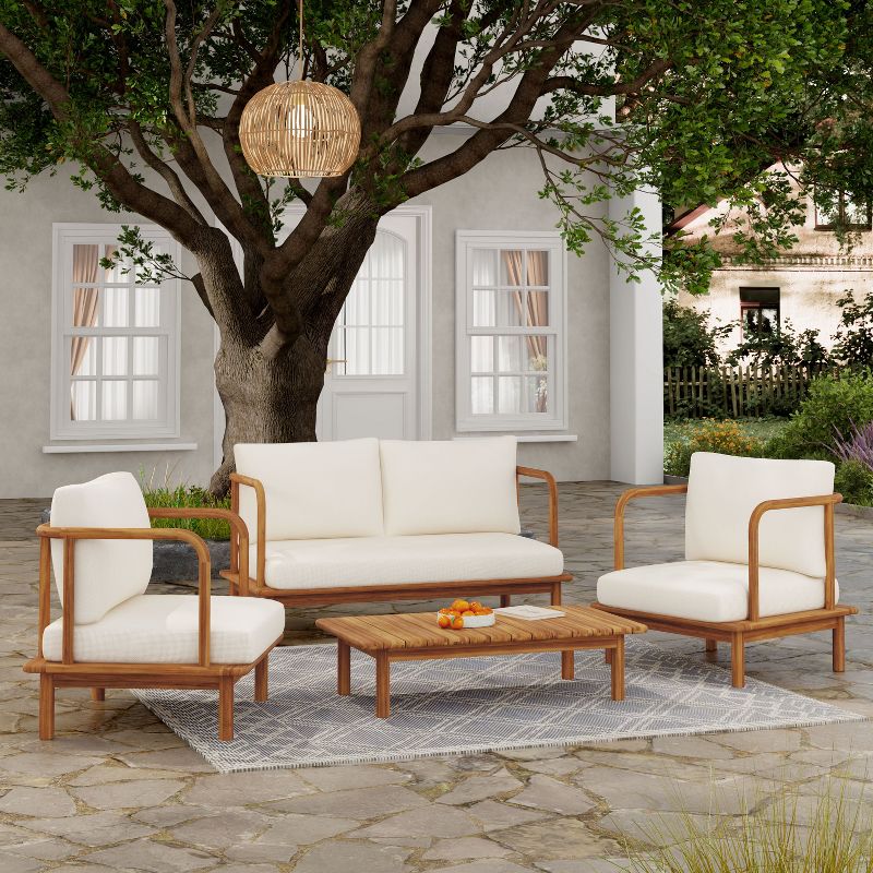 Christopher Knight Home Isamu Modern 4 Piece Acacia Wood Patio Seating Set with Cushion, Teak