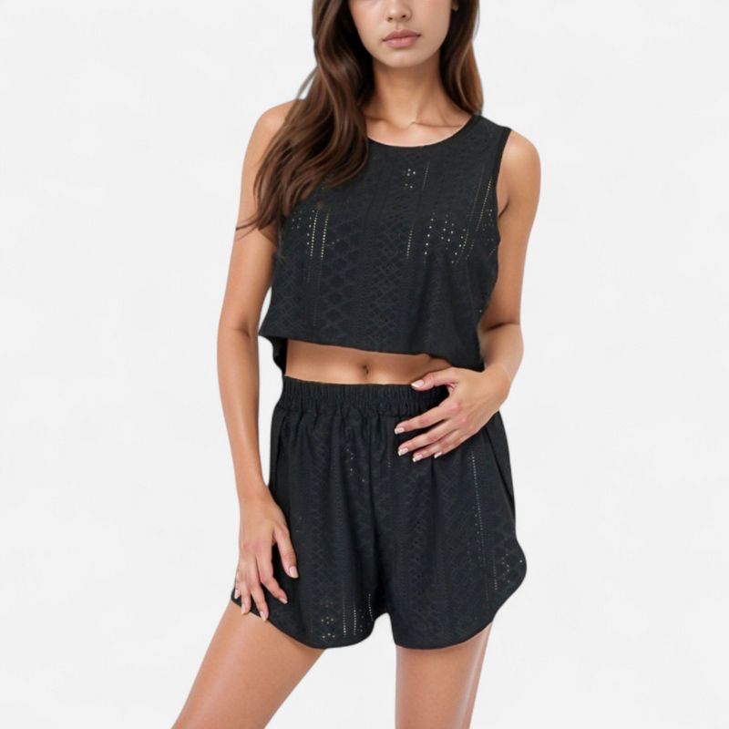 Anna-Kaci Lounge Women's Eyelet Tank and Lounge Shorts Set with Elastic Waist and Relaxed Cropped Fit - Small, Black