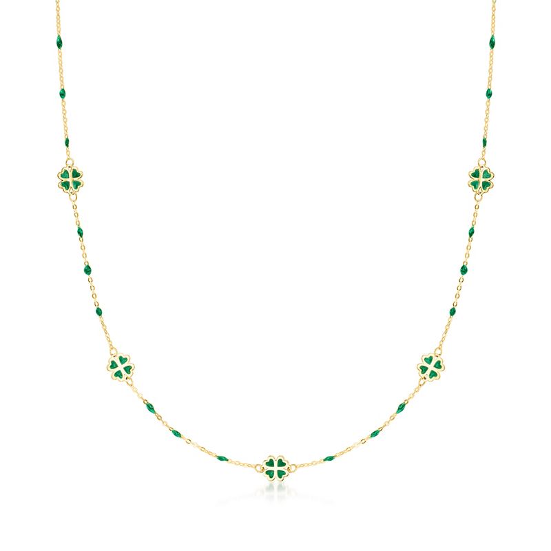 Ross-Simons Italian Green Enamel Clover Station Necklace in 14kt Yellow Gold Size 18