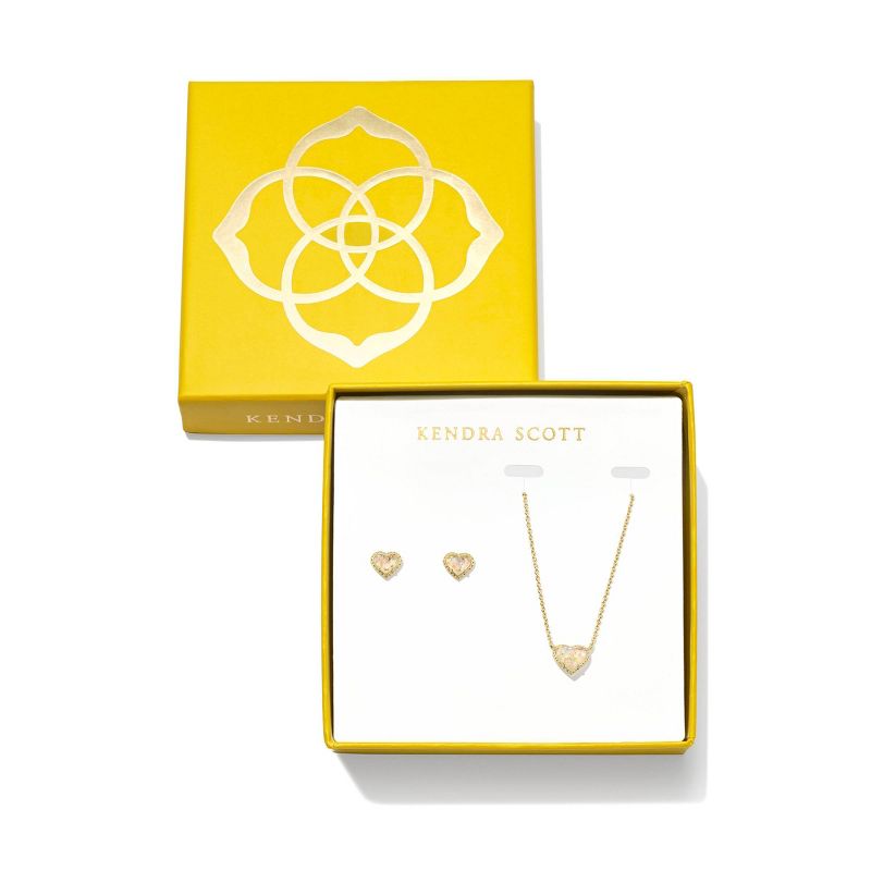 Kendra Scott Anna Pendant Necklace and Stud Earring Gift Set - Gold/White: 14K Gold Over Brass, Lobster Claw Clasp