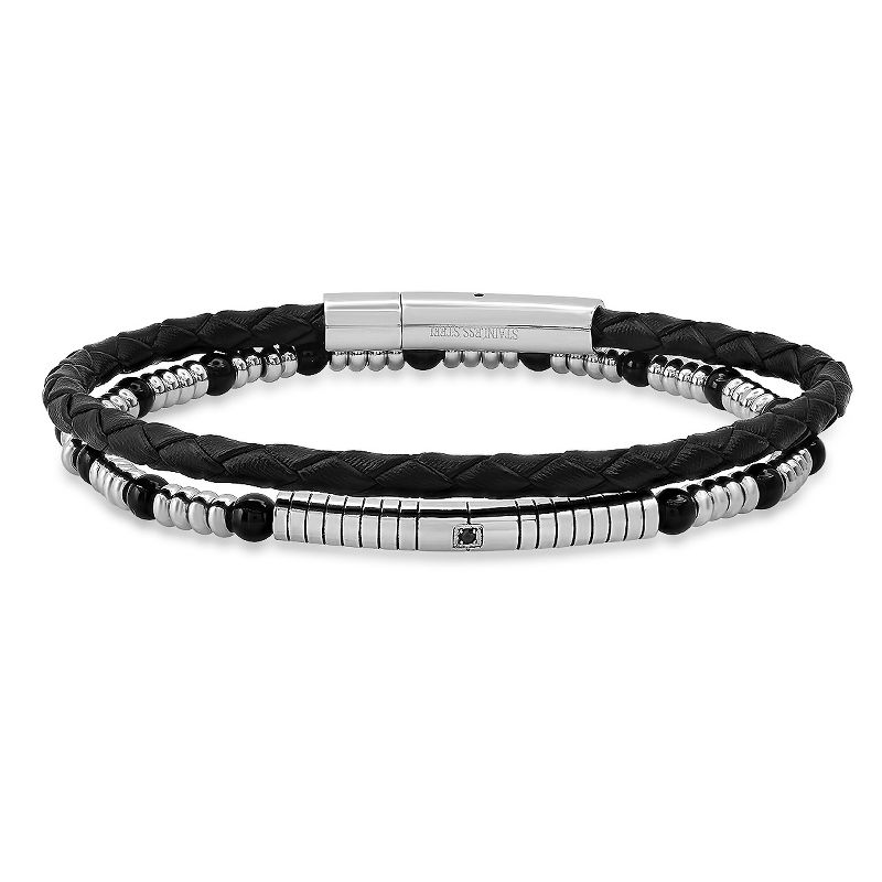 Steeltime Men's braided black leather/stainless steel/black beads and simulated black diamonds 2pc set bracelets