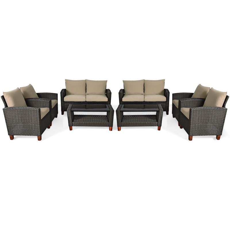 Costway 8PCS Patio Rattan Furniture Set Solid Wood Leg Cushioned Sofa Garden Lawn