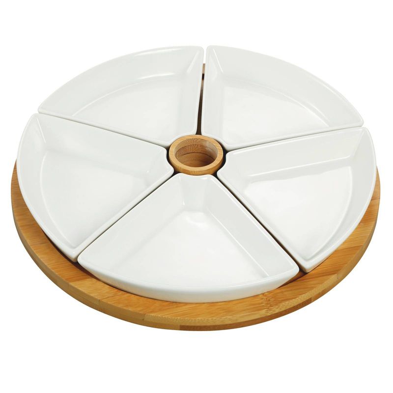 Elama 7pc Stoneware Beautiful Sectional Party Serving Set White - Elama: Round Divided Servers, Bamboo, Microwave & Dishwasher Safe