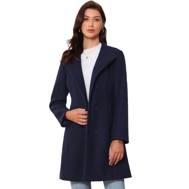 Allegra K Women's Stand Collar Long Sleeve Button Down Winter Pea Coat Medium Dark Blue