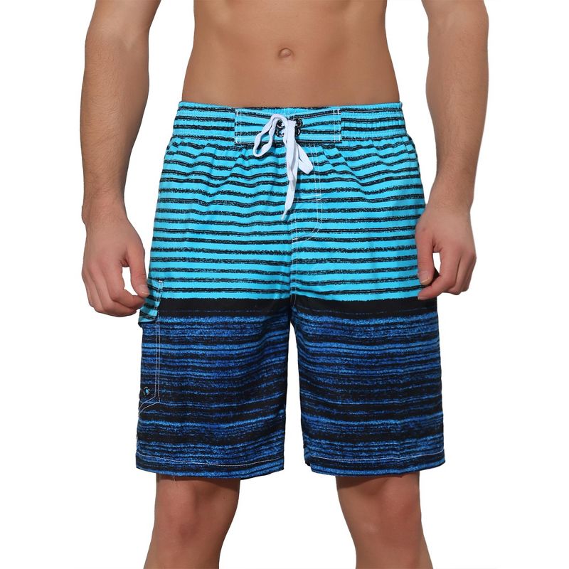 Lars Amadeus Men's Color Block Stripes Pattern Drawstring Waist Swimwear Shorts Blue 36