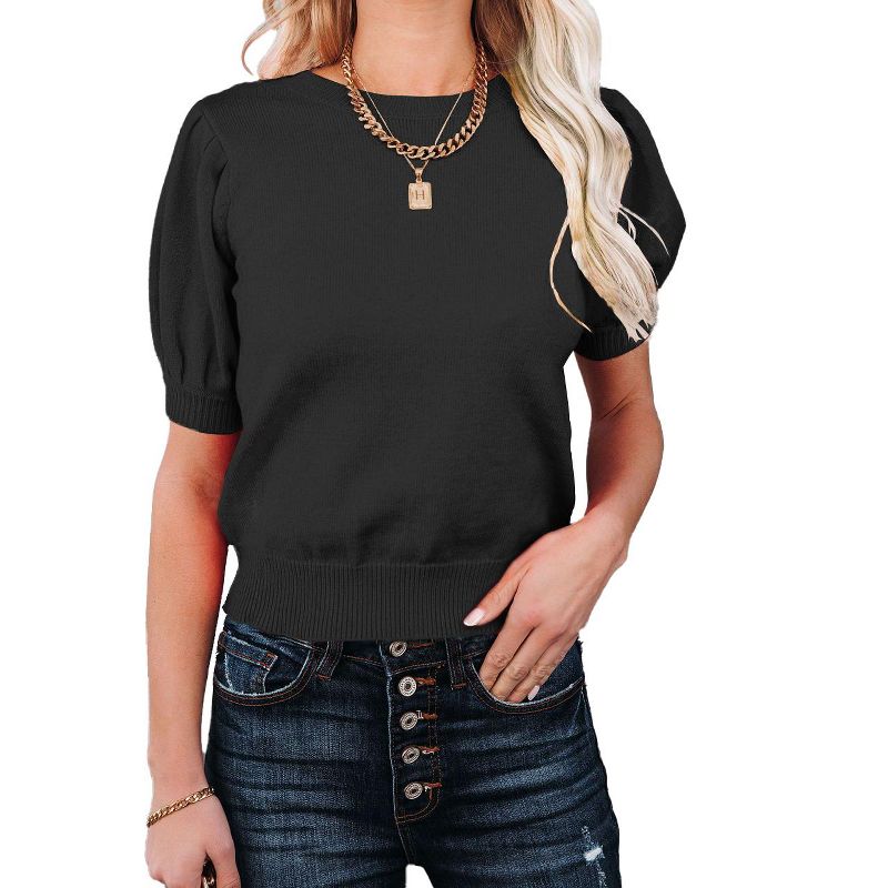Clearlove Womens Puff Short Sleeve Sweater Tops Crewneck Basic Knit Pullover Lightweight Solid Casual Sweaters Blouse Black XXL