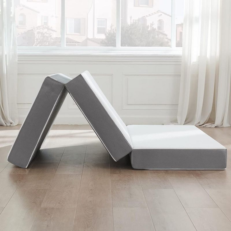 Continental Sleep 4" Portable Tri Folding Gel Memory Foam Mattress | Breathable Mesh Sides with Ultra Soft, Removable and Washable Cover, Queen.