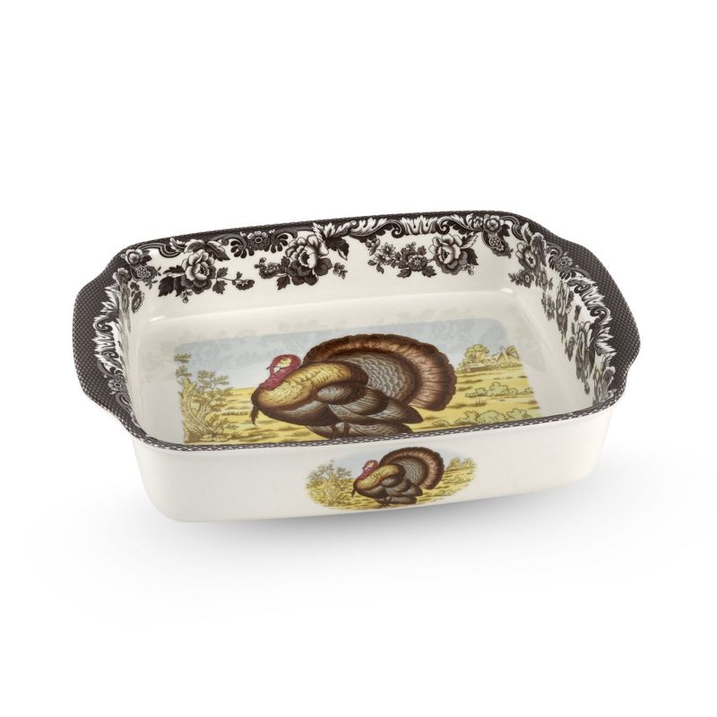 Spode Woodland 15"x12" Rectangular Handled Dish - Traditional Turkey Design, British Flowers Border, Fine Porcelain Bakeware, Dishwasher Safe