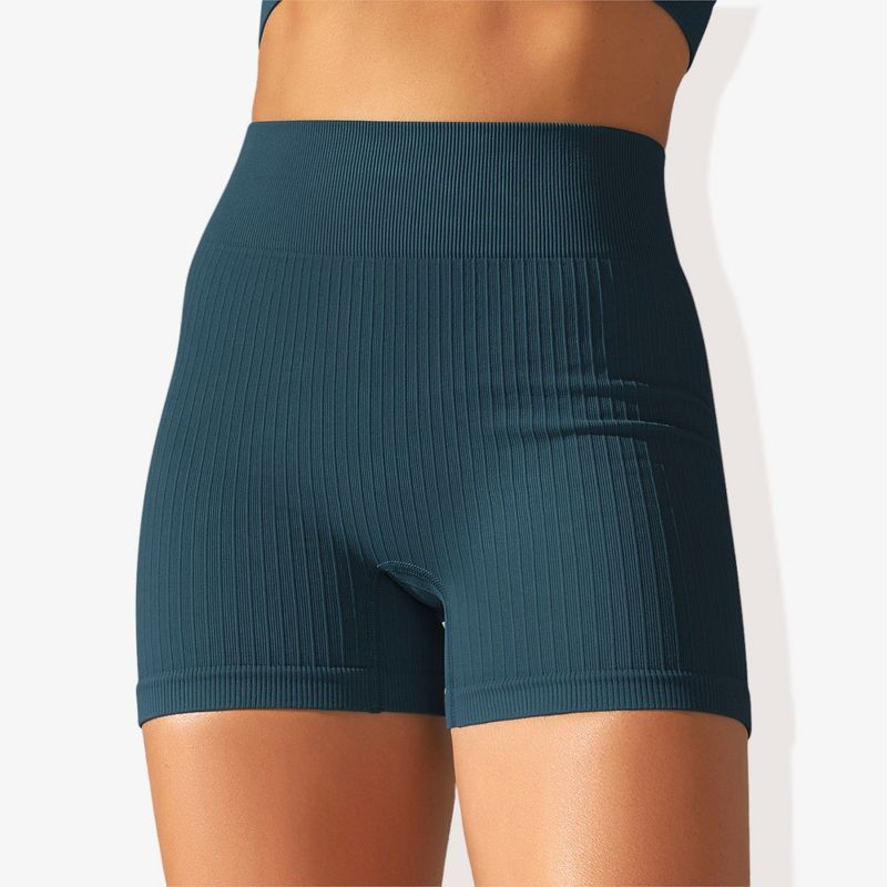 Anna-Kaci Active Women's Wide Band Stretchy Rib Knit Soft Seamless Gathered Biker Shorts - Large, Blue