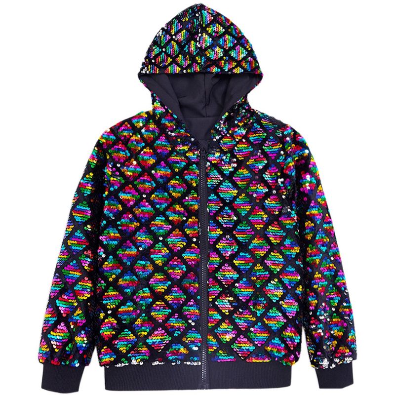 Lars Amadeus Men's Long Sleeves Shiny Metallic Sequins Argyle Printed Hooded Jacket Multicolor Medium