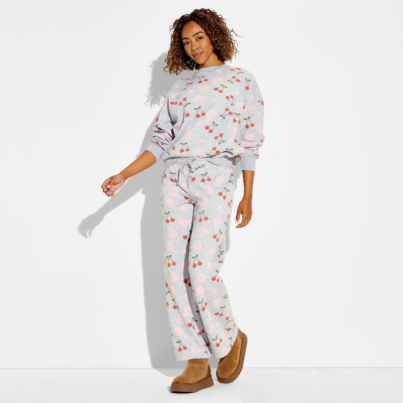 Women's Cherry Heart Fleece Graphic Pull-On Pants - Heather Gray S