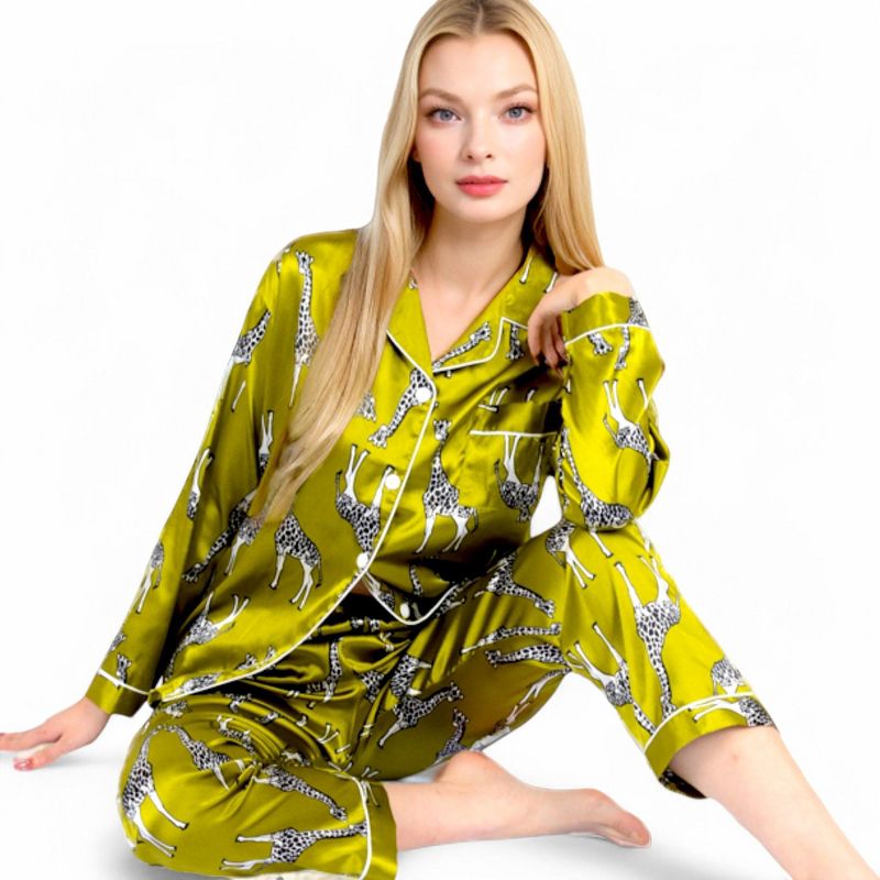 Anna-Kaci Lounge Women's Satin Pajama Set with Giraffe Print and Button-Down Top- Yellow,Small