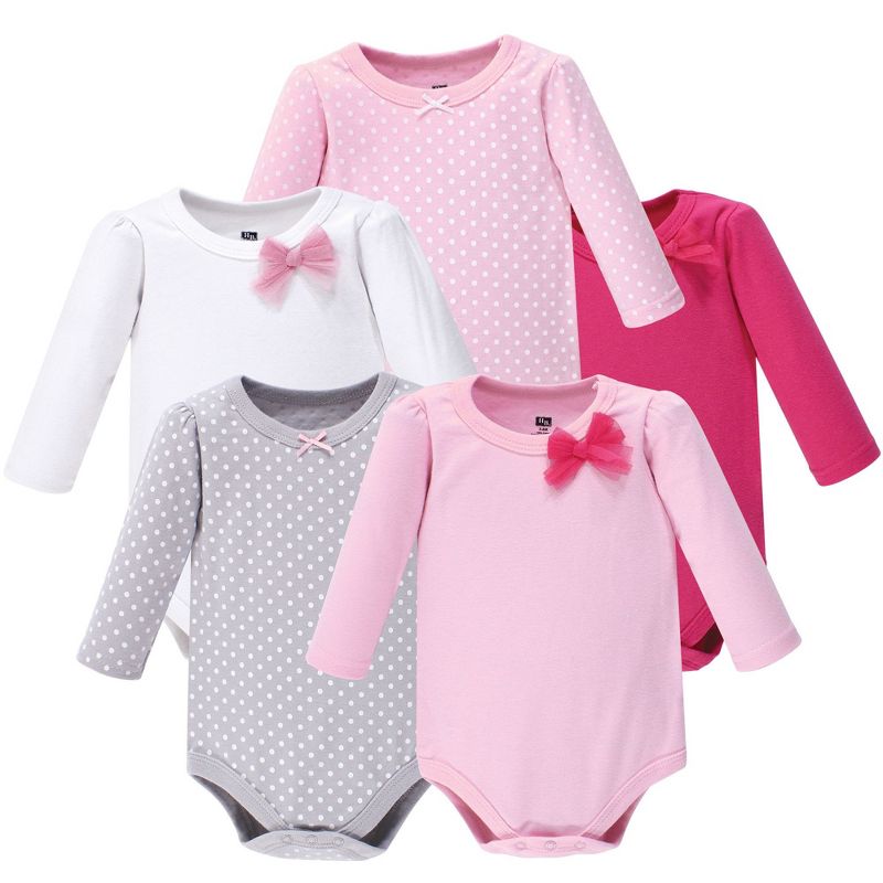 Hudson Baby Infant Girl Cotton Long-Sleeve Bodysuits 5pk, Basic Bow, 9-12 Months