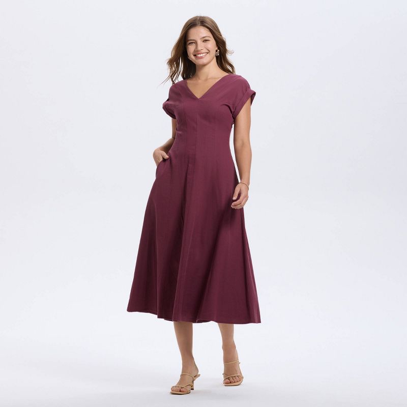Women's Short Sleeve V-Neck Midi A-Line Dress - A New Day™ Mauve XS