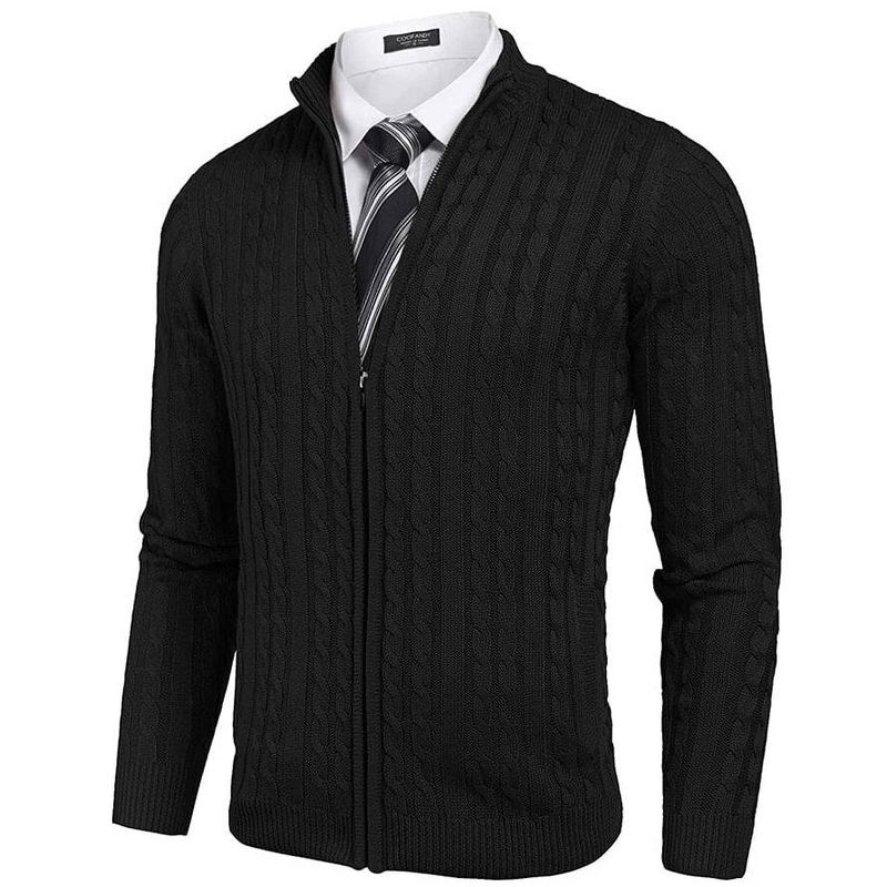 COOFANDY Men's Full Zip Cardigan Sweater Slim Fit Cable Knitted Zip Up Sweater with Pockets Black XL