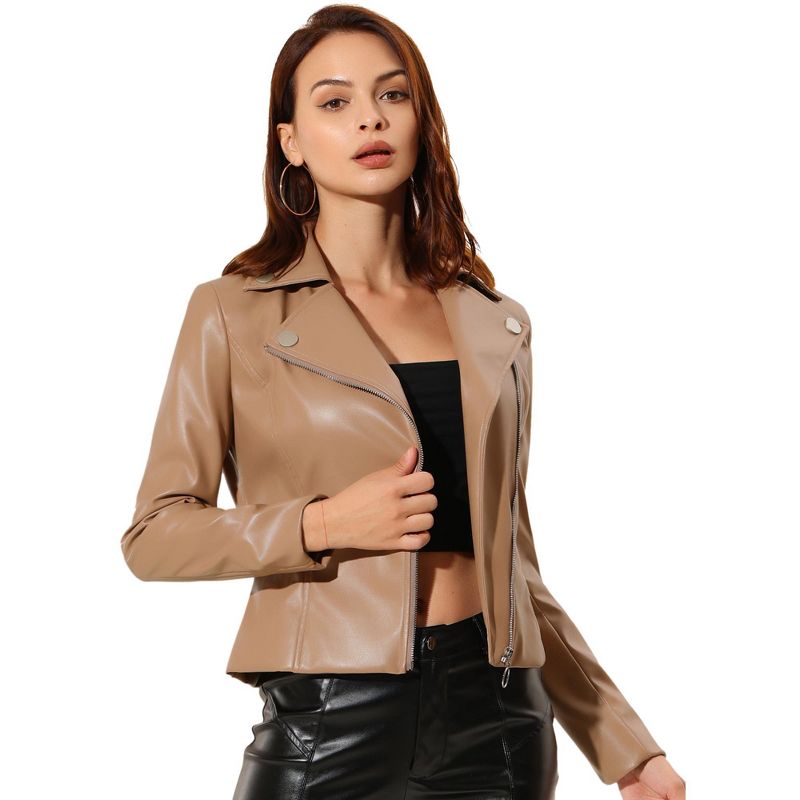 Allegra K Women's Moto Biker Zipper Front Long Sleeve Lapel Collar PU Leather Jacket Khaki Medium