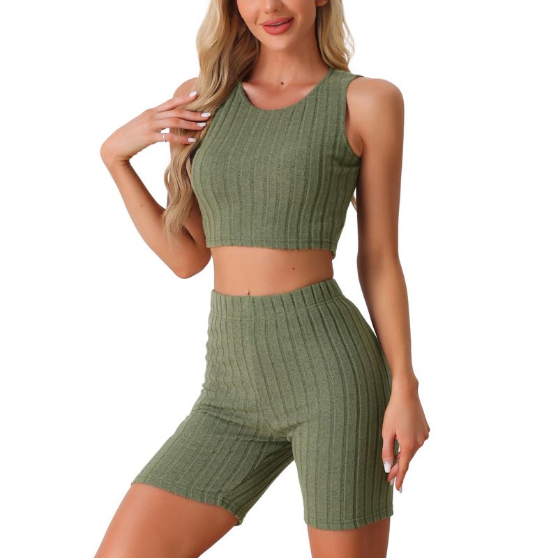 cheibear Women's Summer Sleeveless Ribbed Knit Tank Top with Jogger Biker Shorts Pajamas Army Green Small