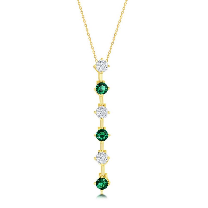 Bella Silver Sterling Silver Round White & Emerald CZ Long 18" Pendant Necklace - Gold Plated - Green